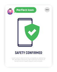 Wall Mural - Safety confirmed: smartphone is protected by shield with check mark. Thin line icon. Modern vector illustration.