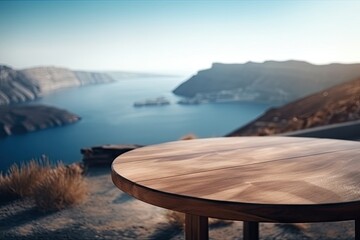 Wall Mural - wooden table on a mountain peak overlooking a scenic view. Generative AI