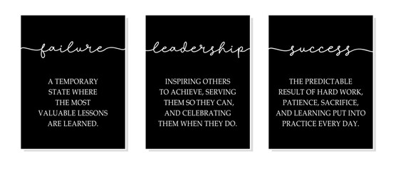 Wall Mural - Failure, Leadership, Success. Inspiring positive quote. Frame workplace decoration. Triptych inspirational quotes wall art print for home, office wall decor. Black color motivational poster canvas.