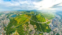 Ryazan, Russia. Northern Ring Road. The Trubezh River And The Oka River. Historical Natural Landscape Protected Meadow. Aerial View