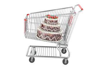 Poster - Chocolate Birthday Cake inside shopping cart, 3D rendering
