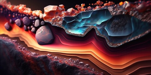 Wall Mural - Vibrant fiery ruby red geode agate rock layers, sparkling and lustrous crystals clusters inside with striking textures and natural wavy patterns, macro closeup - generative AI.	
