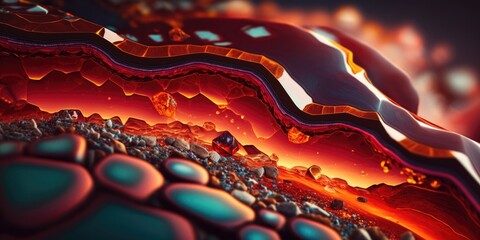 Wall Mural - Vibrant fiery ruby red geode agate rock layers, sparkling and lustrous crystals clusters inside with striking textures and natural wavy patterns, macro closeup - generative AI.	
