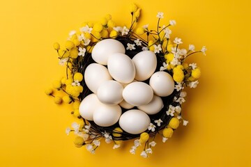 birds nest filled with white eggs on a vibrant yellow background. Generative AI