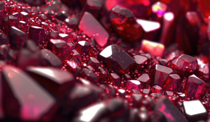 Wall Mural - Vibrant ruby red gemstone chips and pebbles, sparkling and lustrous crystals scattered on rocky floor, shallow depth of field bokeh blur, macro closeup - generative AI.