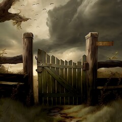 Canvas Print - A country gate torn off its hinges and barely holding on, created with generative ai