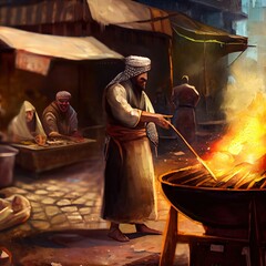 Sticker - Arab cooks shawarma on coals on the street, high quality image, created with generative ai