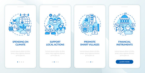 Rural development program blue onboarding mobile app screen. Walkthrough 4 steps editable graphic instructions with linear concepts. UI, UX, GUI template. Myriad Pro-Bold, Regular fonts used