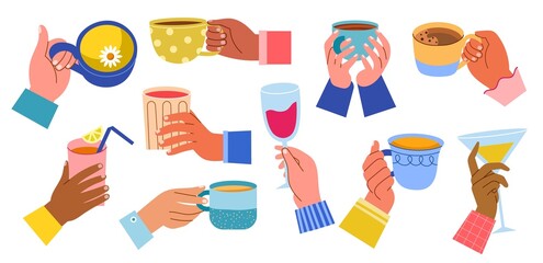 Wall Mural - People hands holding cold and hot drinks. Cartoon glasses, goblets and cups with tea, coffee and wine, human arms with margarita, vector set.jpg