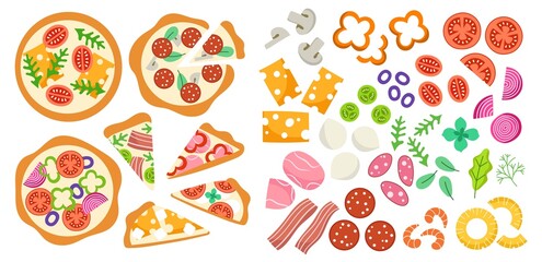 Italian pizza ingredients. Hand drawn food elements, doodles, cheese, mushrooms, dough pita with vegetables and meat, tomatoes, vector set.jpg