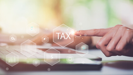 Aufkleber - Business people planning annual tax deduction, tax rate calculation, business financial budget, Calculate business balance to reduce taxes ,Individual income tax ,Property and land tax management