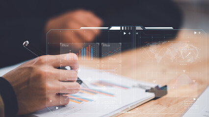 Aufkleber - Businessman reading graph report and business statistics charts ,Analysis and improvement of corporate strategy,manage financial and marketing documents ,Statistics and Data Concepts ,business graph
