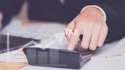 Aufkleber - Business people planning annual tax deduction, tax rate calculation, business financial budget, Calculate business balance to reduce taxes ,Individual income tax ,Property and land tax management