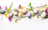 Fototapeta  - Wielkanocne ozdoby. Jajka wielkanoc. Kolorowe pisanki. Wiosenne ozdoby. Drewno tekstura. Generative AI