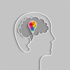 Sticker - Creative idea and thinking concept with head, brain and colorful light bulb. Abstract lightbulb with beautiful and vibrant colors as creativity sign and symbol.