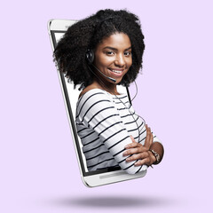 Call center, phone and portrait of a woman in studio with a digital 3d display and mockup. Happy, smile and face of female model with telemarketing headset standing in cellphone by purple background.