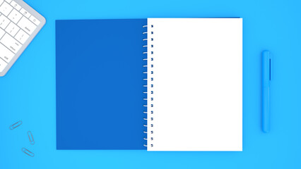 Above overhead close up flat lay view of clear spiral notepad with place for mock up branding, keyboard, pen and other office essential elements isolated on blue background. 3d rendering.