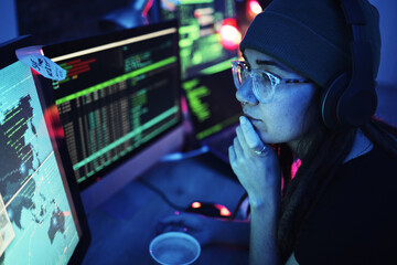 Aufkleber - Woman, computer and hacker thinking with headphones and programming for cybersecurity. Music, radio podcast and female reading map for hacking, location or phishing, idea or dark web at night in home