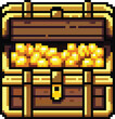 8bit pixel art of an old wooden treasure chest with golden coins