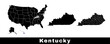 Map of Kentucky state, USA. Set of Kentucky maps with outline border, counties and US states map. Black and white color.