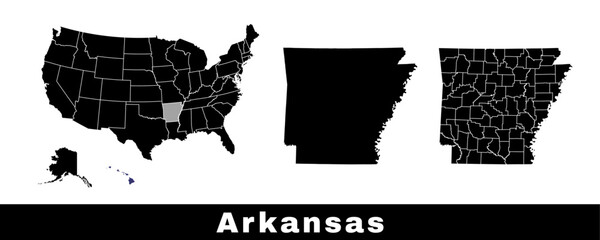 Wall Mural - Map of Arkansas state, USA. Set of Arkansas maps with outline border, counties and US states map. Black and white color.