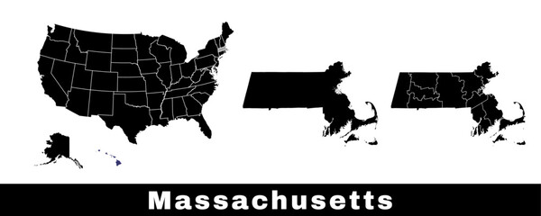 Sticker - Massachusetts state map, USA. Set of Massachusetts maps with outline border, counties and US states map. Black and white color.