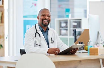 Healthcare, portrait and black man doctor in his office with a clipboard to analyze test results. Success, smile and professional African male medical worker working on a diagnosis in medicare clinic