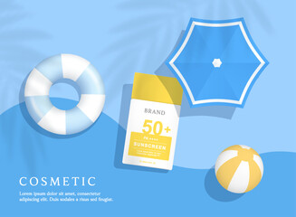 Wall Mural - Sunscreen product ads template on water background with swim ring.