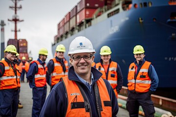 This photo showcases several men in overalls and helmets standing in front of a large container ship in a port. Genetrative AI