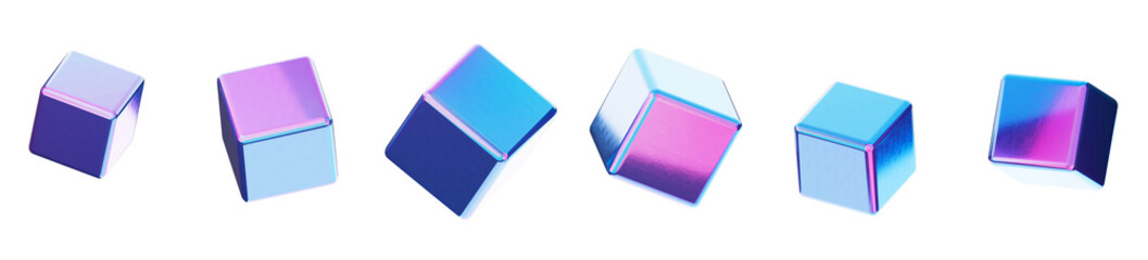Set of pink and blue futuristic metallic 3D cubes, transparent background