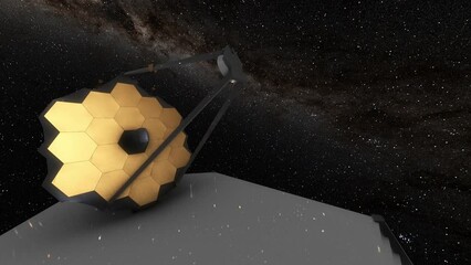 Wall Mural - James Webb Space Telescope JWST Fixed Action Camera Style Rotating in Deep Space with Milky Way Galaxy Background with Stars Reflection - 3D CGI Animation 4K
