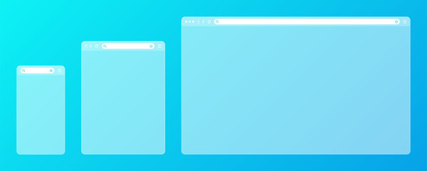 Fototapete - Blank transparent web browser window with toolbar and search field on colorful background. Modern website, internet page. Browser mockup for computer, tablet and smartphone. Vector illustration