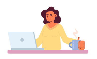 Poster - female freelance programmer with laptop and cup semi flat color vector character. editable figure. f