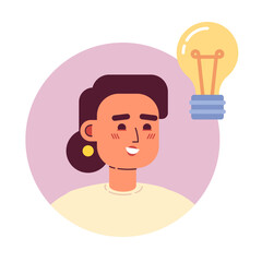 Poster - Smiling lady with light bulb semi flat color vector character avatar. Editable icon for profile. Round badge with person on white. Simple cartoon spot illustration for web graphic design, animation