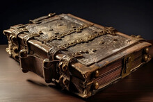 Antique Book In Leather Binding And Leather Cover, Bronze Locks. Parchment, Antique Book. Expensive Binding. Generative AI.
