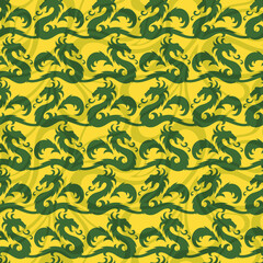 Sticker - The seamless yellow background with green dragons.
