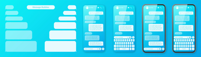Realistic smartphone with messaging app on colorful blue background. Blank SMS text frame. Chat screen with transparent message bubbles. Social media application. Vector illustration