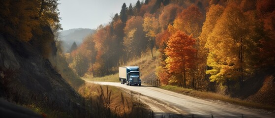 Poster - Autumn colorful trees on the side of the road with a truck.Aerial view. Panoramic shot. Generative AI