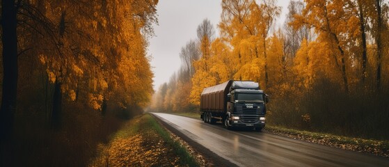 Poster - Autumn colorful trees on the side of the road with a truck.Aerial view. Panoramic shot. Generative AI