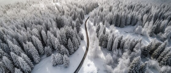 Poster - View from a height on a winter country road in a snow-covered forest.Aerial view. Panoramic shot. Generative AI