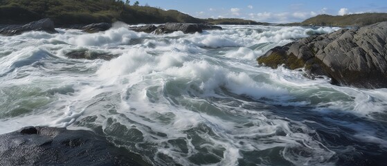 Poster - A beautiful picture of a rocky beach with a cliff from above.Aerial view. Panoramic shot. Generative AI
