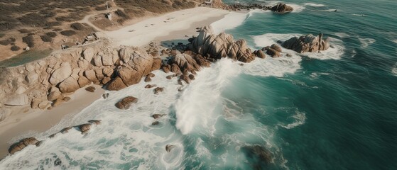 Poster - A beautiful picture of a rocky beach with a cliff from above.Aerial view. Panoramic shot. Generative AI