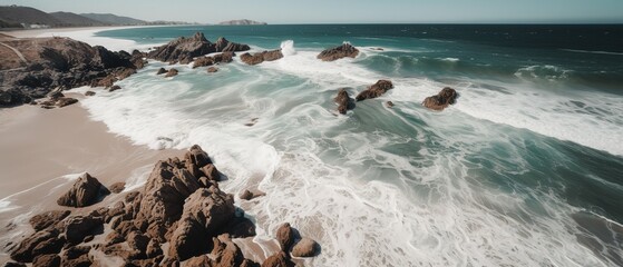 Poster - A beautiful picture of a rocky beach with a cliff from above.Aerial view. Panoramic shot. Generative AI