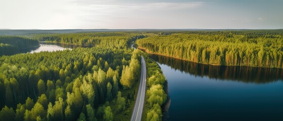 Poster - View from the height of the river among the green forest.Aerial view. Panoramic shot. Generative AI
