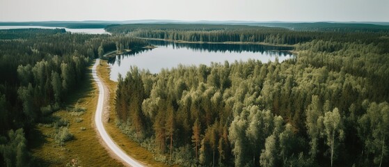 Wall Mural - View from the height of the river among the green forest.Aerial view. Panoramic shot. Generative AI