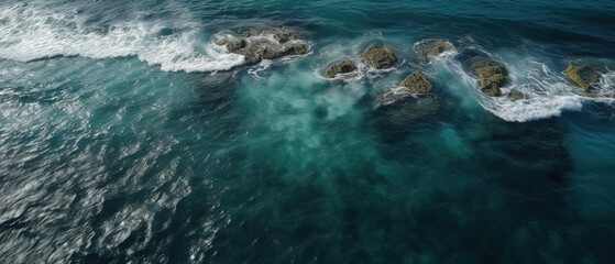 Poster - A beautiful picture of a rocky beach with a cliff from above.Aerial view. Panoramic shot. Generative AI