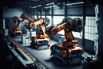 Wall Mural - Car factory assembly line with automatic robotic arms working. Generative AI