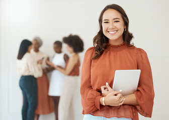 Aufkleber - Business woman, portrait and tablet with a smile for management, internet and network. Asian female entrepreneur with mobile device for social media communication, leadership report or online search