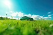 Eco friendly car development; clear ecology driving; no pollution and emission transportation concept. green car with trees on it on fresh spring meadow with blue sky in background, generative AI