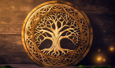 sacred tree of life emblem in the form of a wooden ornament - Generative AI